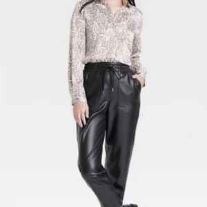 Faux Leather Drawstring Jogger Pants - Black